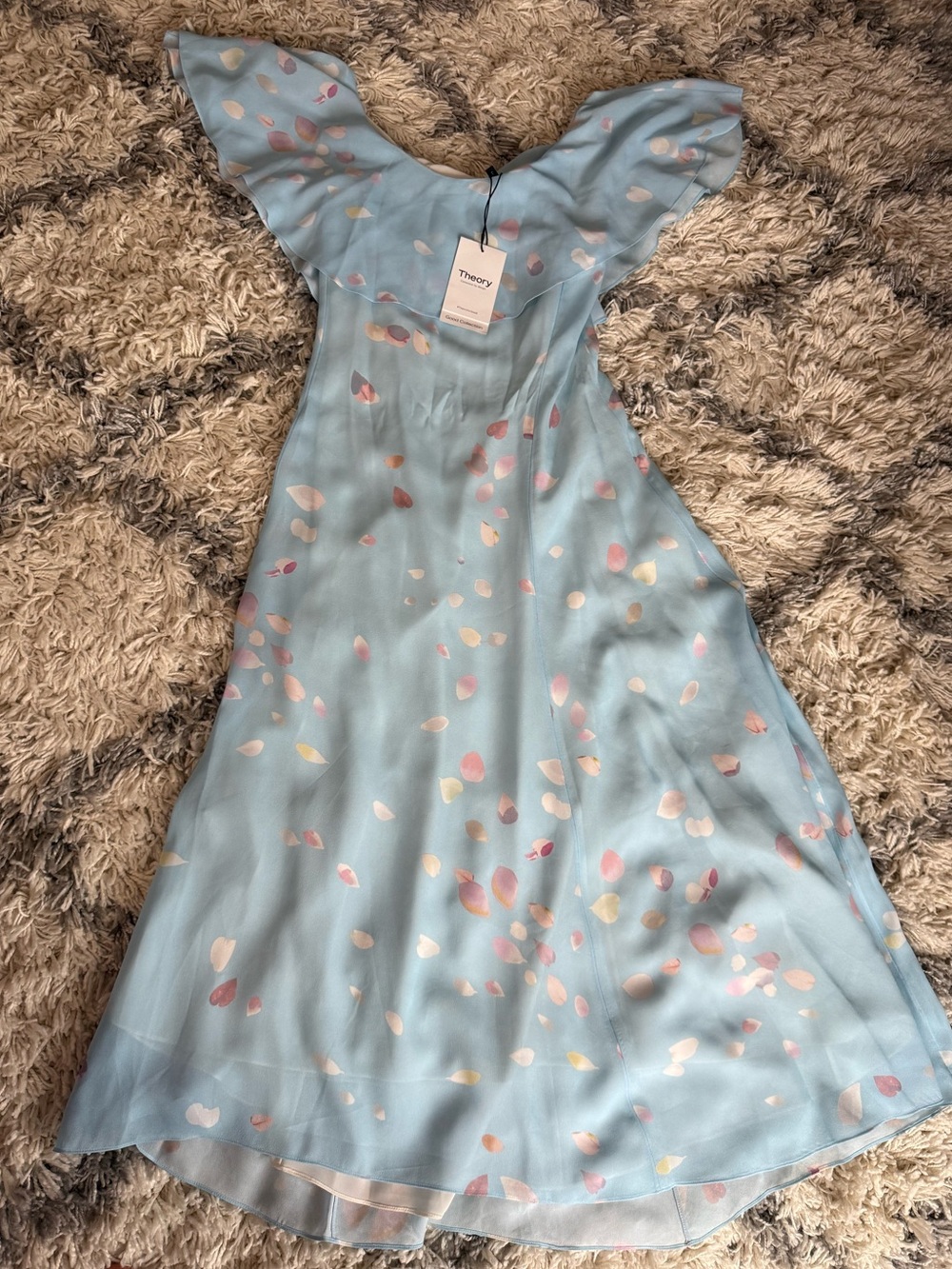 Theory Light Blue Ruffle-Neck Dress with Petal Motif